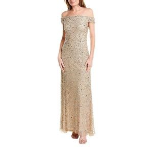 Adrianna Papell Off the Shoulder Sequin Beaded Champagne Gown